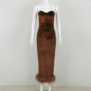 Velvet Feather-Trim Strapless Tube Dress with Slit Detail