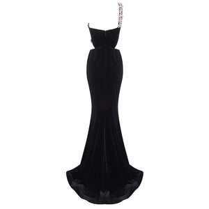 Elegant One-Shoulder Velvet Fishtail Evening Dress with Floral Embellishments