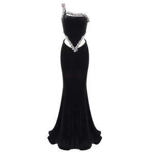 Elegant One-Shoulder Velvet Fishtail Evening Dress with Floral Embellishments