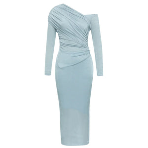 Elegant Off-Shoulder Blue Pleated Midi Bandage Dress with Long Sleeves