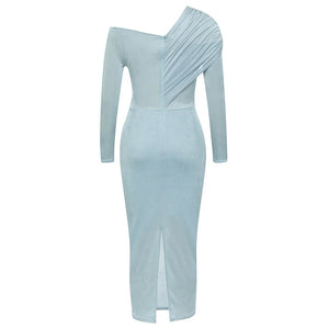 Elegant Off-Shoulder Blue Pleated Midi Bandage Dress with Long Sleeves