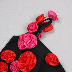 One-Shoulder Black Midi Dress with Red Floral Applique