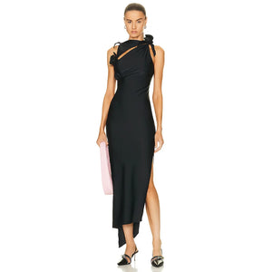 Elegant Black Slim Dress with Asymmetrical Pleats and Flower Detail