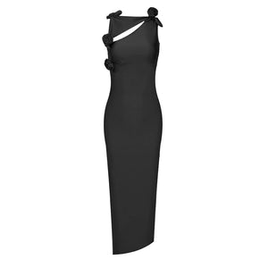 Elegant Black Slim Dress with Asymmetrical Pleats and Flower Detail