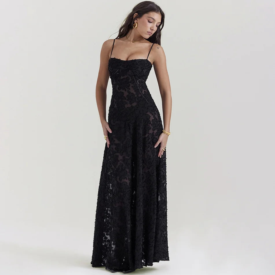 Elegant Black Lace Floor-Length Dress with Spaghetti Straps and Strapless Design