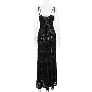 Elegant Black Lace Floor-Length Dress with Spaghetti Straps and Strapless Design