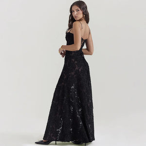 Elegant Black Lace Floor-Length Dress with Spaghetti Straps and Strapless Design