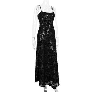 Elegant Black Lace Floor-Length Dress with Spaghetti Straps and Strapless Design