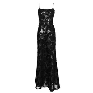 Elegant Black Lace Floor-Length Dress with Spaghetti Straps and Strapless Design