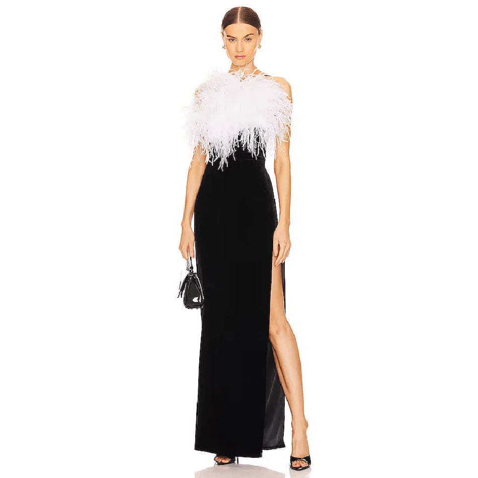 Feather-Detailed Black Sling Dress with Slim Fit and High Slit