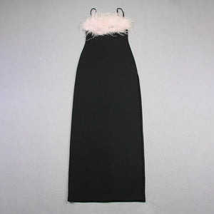 Feather-Detailed Black Sling Dress with Slim Fit and High Slit