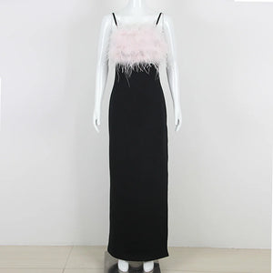 Feather-Detailed Black Sling Dress with Slim Fit and High Slit