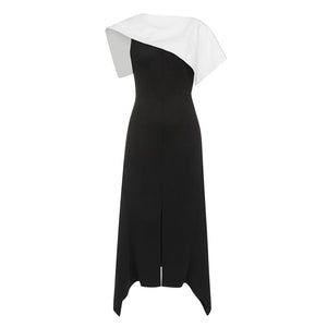 Elegant Contrast Asymmetrical Dress with Draped Shoulder Detail for Parties