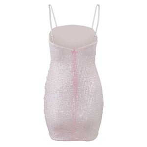 Elegant Pink Sequined Pleated Dress with Pearl Straps