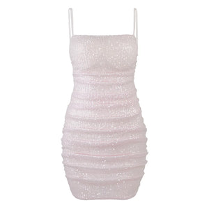 Elegant Pink Sequined Pleated Dress with Pearl Straps