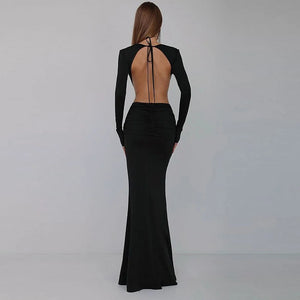 Black Long Sleeve V-Neck Maxi Dress with High Split and Red Flower Waist Detail