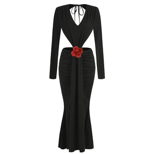 Black Long Sleeve V-Neck Maxi Dress with High Split and Red Flower Waist Detail