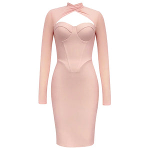 Elegant Blush Pink Bodycon Dress with Gauze Long Sleeves and Slim Fit for Parties