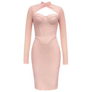 Elegant Blush Pink Bodycon Dress with Gauze Long Sleeves and Slim Fit for Parties