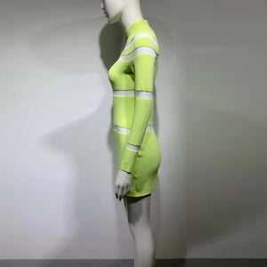 Elegant Long Sleeve Lime Green Dress with Sheer Brown Stripes