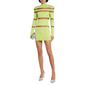 Elegant Long Sleeve Lime Green Dress with Sheer Brown Stripes