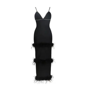 Black Feather-Trim V-neck Slim Fit Long Bandage Dress with Low-cut Waist