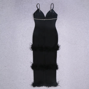 Black Feather-Trim V-neck Slim Fit Long Bandage Dress with Low-cut Waist