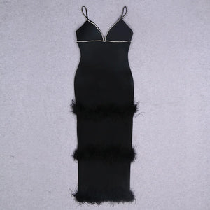 Black Feather-Trim V-neck Slim Fit Long Bandage Dress with Low-cut Waist