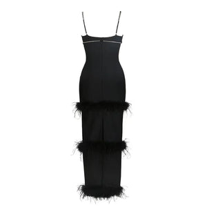 Black Feather-Trim V-neck Slim Fit Long Bandage Dress with Low-cut Waist