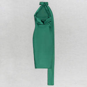 Elegant Green Sleeveless Halter Neck Backless Dress with Ribbon Detail