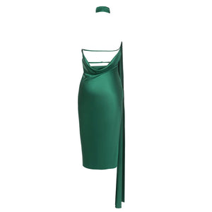 Elegant Green Sleeveless Halter Neck Backless Dress with Ribbon Detail