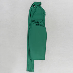 Emerald Green Sleeveless Halter Neck Backless Dress with Ribbon Detail