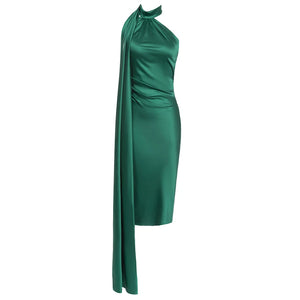 Emerald Green Sleeveless Halter Neck Backless Dress with Ribbon Detail