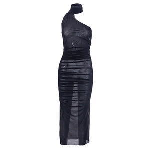 One-Shoulder Black Sheer Mesh Long Dress for Summer Events