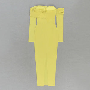 Elegant Yellow Strapless Long Sleeve Dress with Fitted Waist and Long Skirt