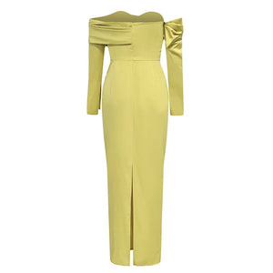 Elegant Yellow Strapless Long Sleeve Dress with Fitted Waist and Long Skirt