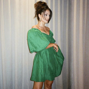 Green Off-the-Shoulder Mini Dress with Keyhole Twist Front, Puff Sleeves, and Side Pockets