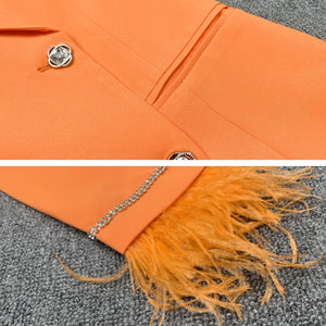 Orange Double-Breasted Blazer Dress with Crystal Buttons and Feather Cuff Detail