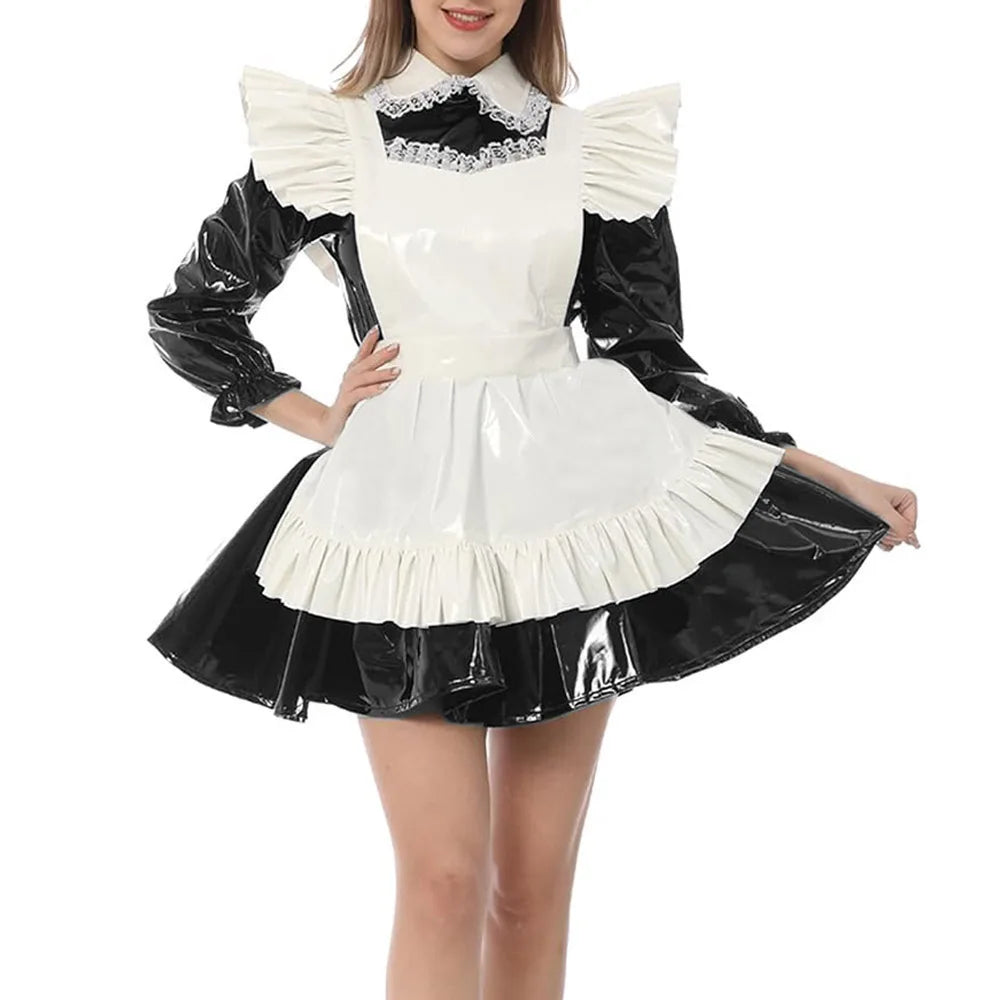 Kawaii Peter Pan Collar Mini Maid Dress with Ruffle Apron Shiny PVC Leather Sissy Cosplay Clothes Multi-Color