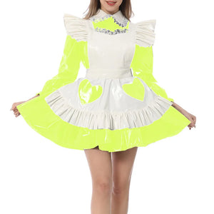 Kawaii Peter Pan Collar Mini Maid Dress with Ruffle Apron Shiny PVC Leather Sissy Cosplay Clothes Multi-Color