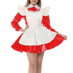 Kawaii Peter Pan Collar Mini Maid Dress with Ruffle Apron Shiny PVC Leather Sissy Cosplay Clothes Multi-Color