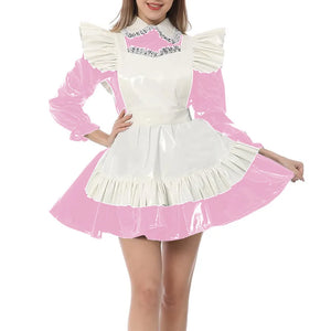 Kawaii Peter Pan Collar Mini Maid Dress with Ruffle Apron Shiny PVC Leather Sissy Cosplay Clothes Multi-Color