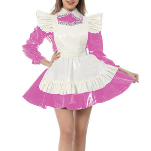 Kawaii Peter Pan Collar Mini Maid Dress with Ruffle Apron Shiny PVC Leather Sissy Cosplay Clothes Multi-Color