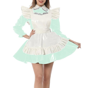 Kawaii Peter Pan Collar Mini Maid Dress with Ruffle Apron Shiny PVC Leather Sissy Cosplay Clothes Multi-Color