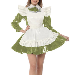 Kawaii Peter Pan Collar Mini Maid Dress with Ruffle Apron Shiny PVC Leather Sissy Cosplay Clothes Multi-Color