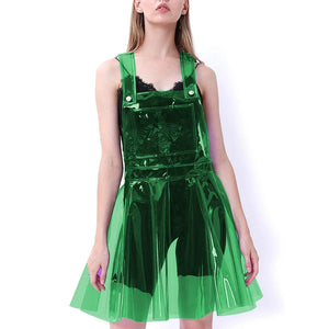 Multi-Color Clear PVC Strap A-line Mini Dress Sleeveless Suspenders Slim Front Pocket Dress Female Clubwear S-7XL