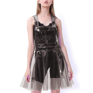 Multi-Color Clear PVC Strap A-line Mini Dress Sleeveless Suspenders Slim Front Pocket Dress Female Clubwear S-7XL