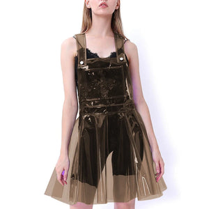 Multi-Color Clear PVC Strap A-line Mini Dress Sleeveless Suspenders Slim Front Pocket Dress Female Clubwear S-7XL