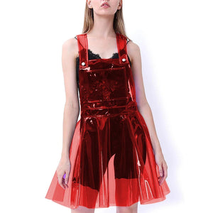 Multi-Color Clear PVC Strap A-line Mini Dress Sleeveless Suspenders Slim Front Pocket Dress Female Clubwear S-7XL