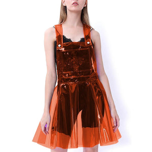 Multi-Color Clear PVC Strap A-line Mini Dress Sleeveless Suspenders Slim Front Pocket Dress Female Clubwear S-7XL